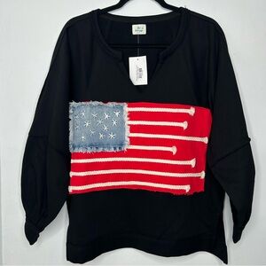 New Blue Buttercup American Flag Patched Sweatshirt Black oversized sz S Slouchy